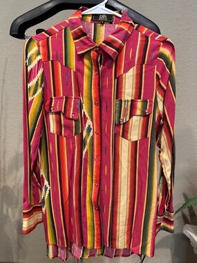 L&B Vibrant Multicolor Pink Pearl Snap Serape Style Western Striped Shirt